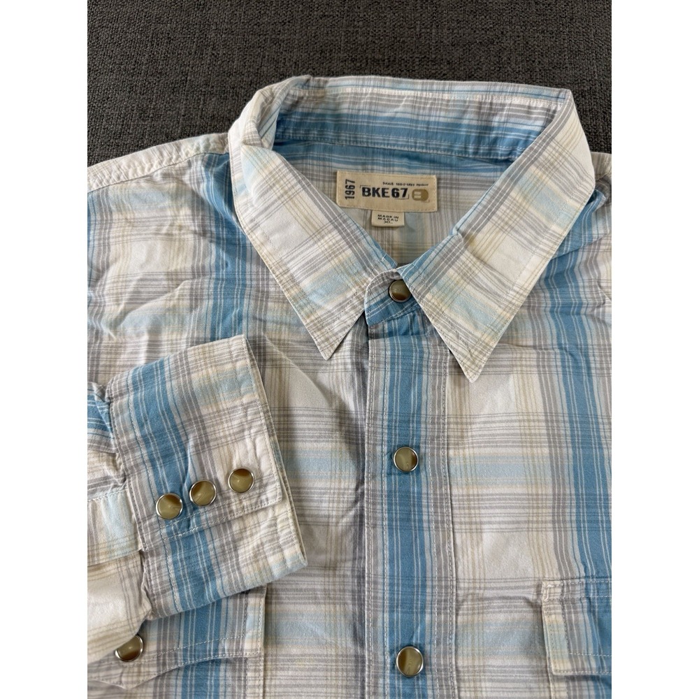BKE 67 Men's XL Western Pearl Snap Shirt Blue Plaid Long Sleeve Buckle Cowboy